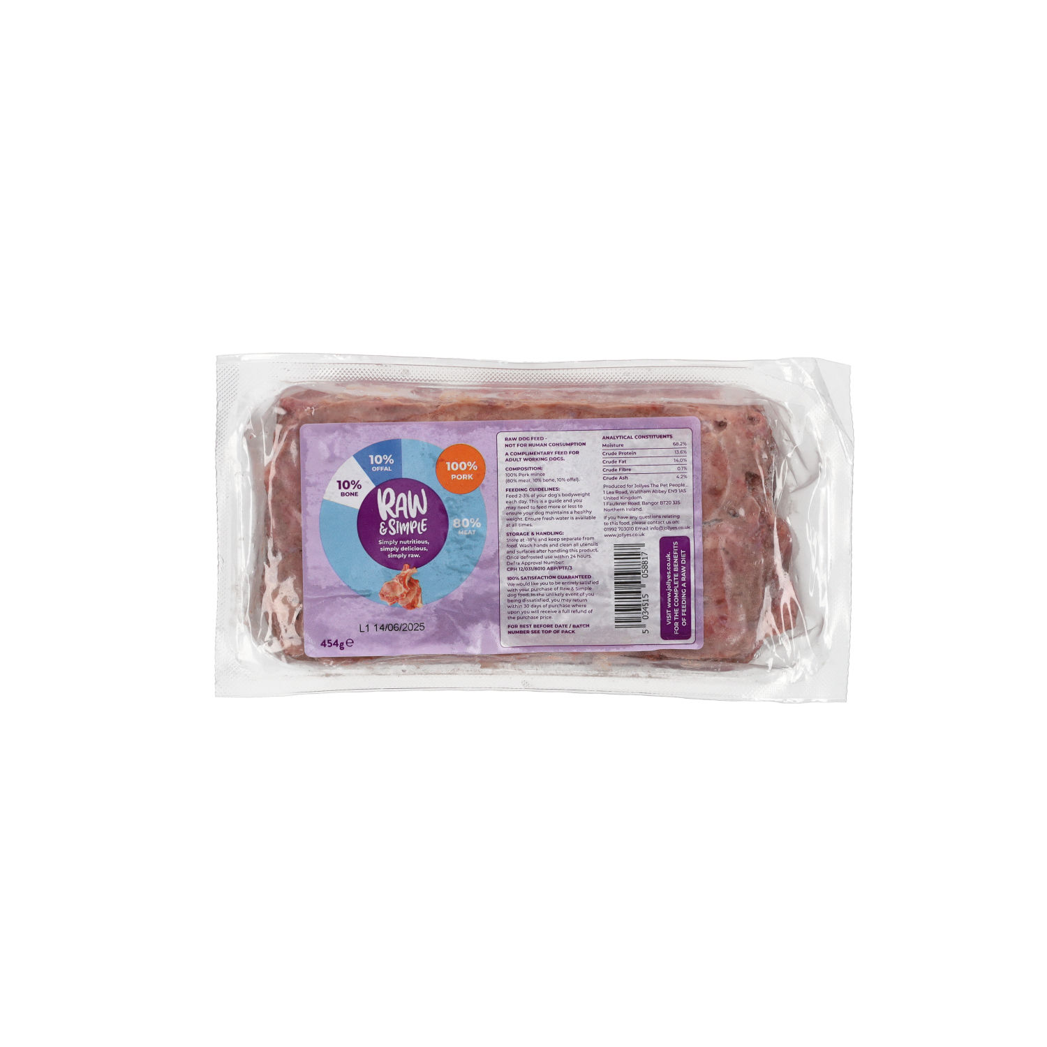 Raw and Simple Pork Mince Raw Dog Food 454g