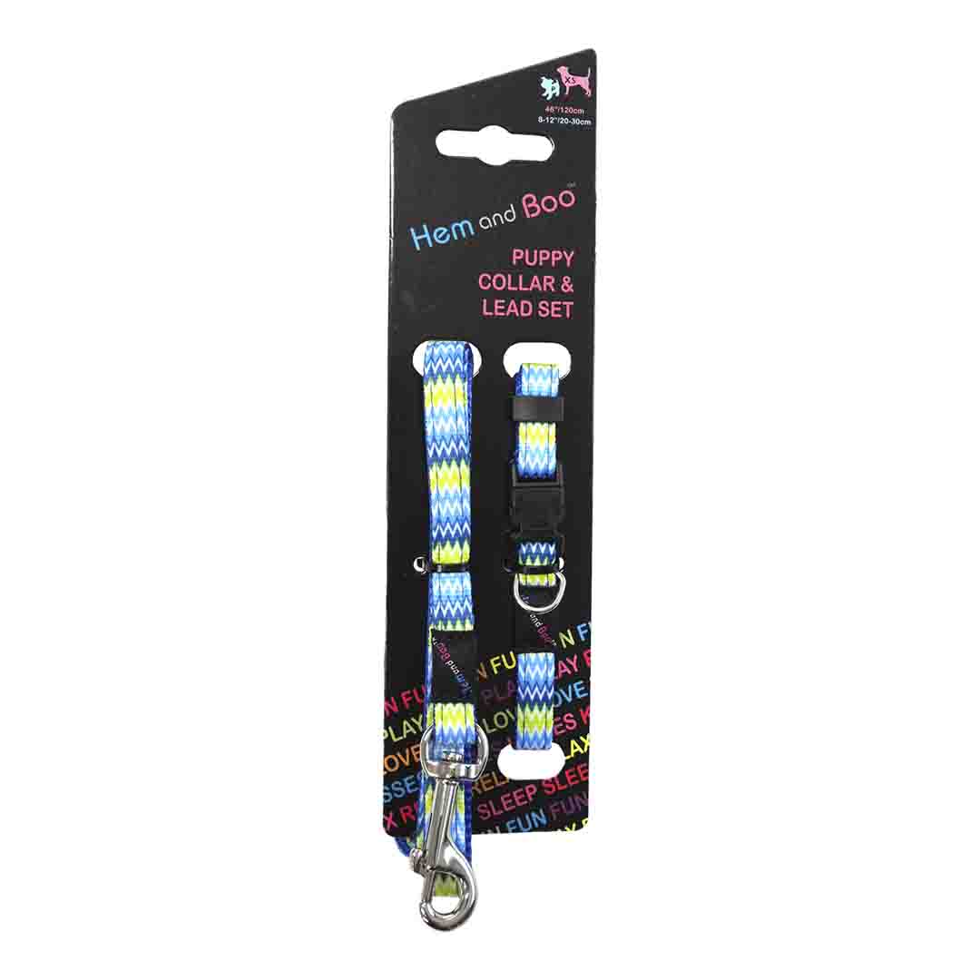 Hem & Boo Zig Zag Collar & Lead Set, Blue, Puppies