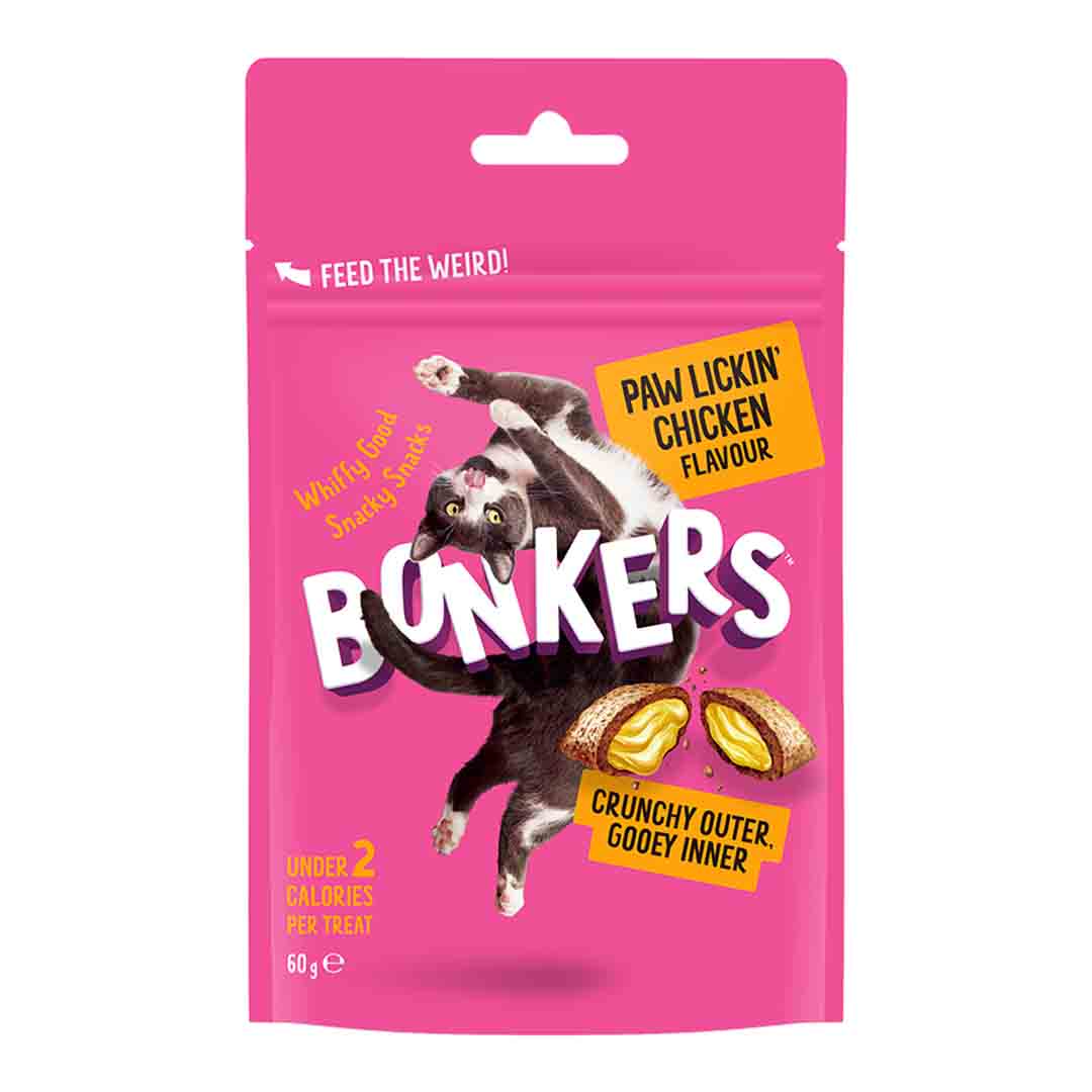 Bonkers Cat Bites, Crunchy & Soft Paw Lickin' Chicken Flavoured Cat Treats 60g