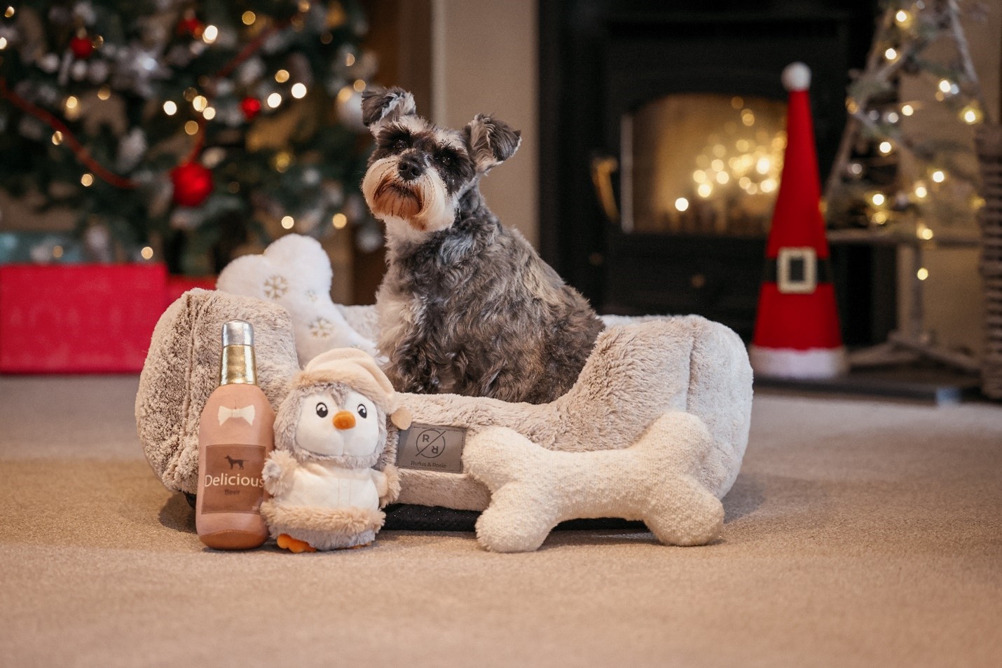 Dog sat in bed surrounded by festive toys.