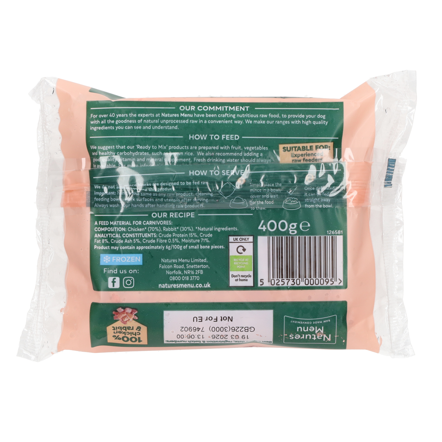 Natures Menu Chicken And Rabbit Raw Dog Food, 400g