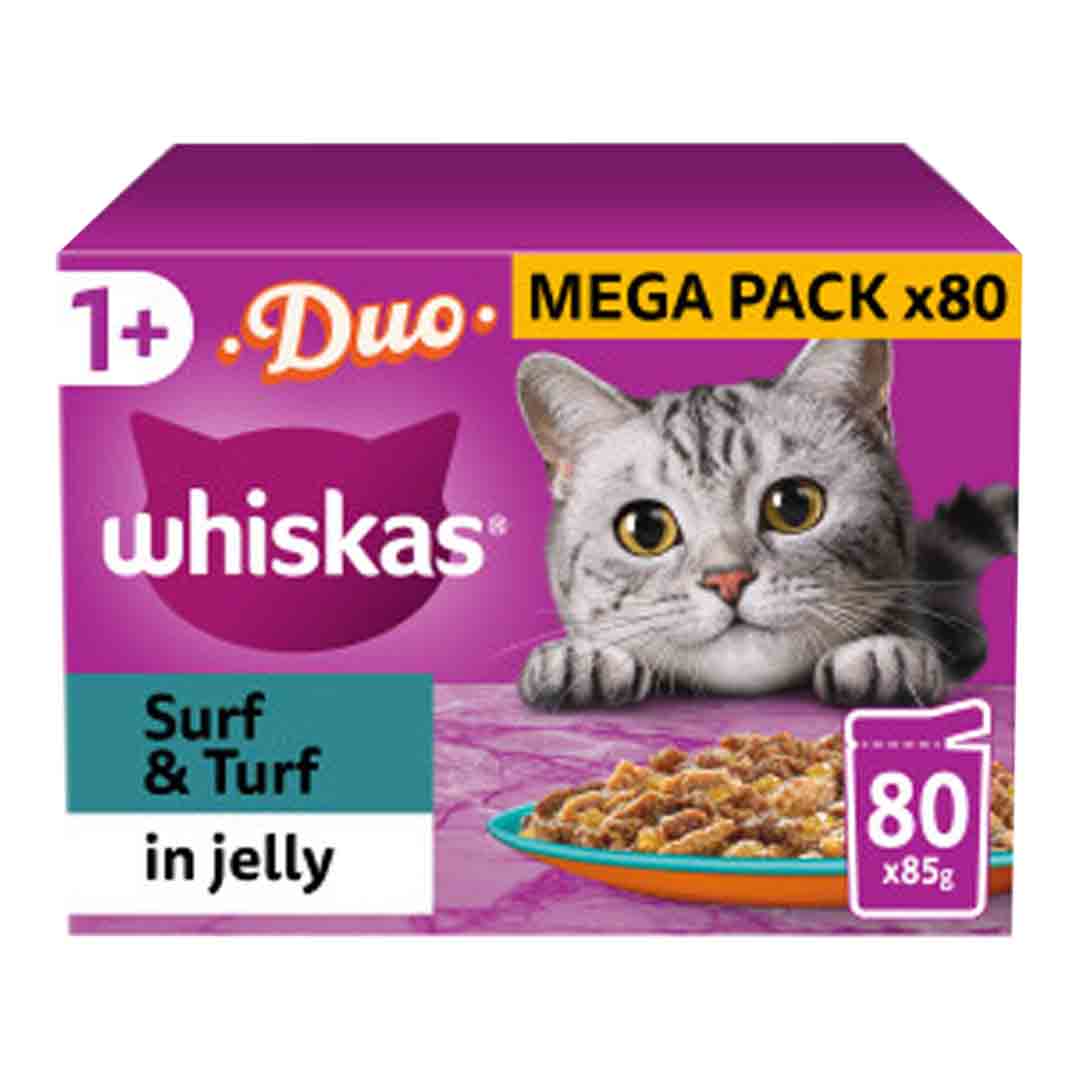 Whiskas 1+ Cat Pouches Duo Surf & Turf in Jelly Wet Cat Food 80x85g