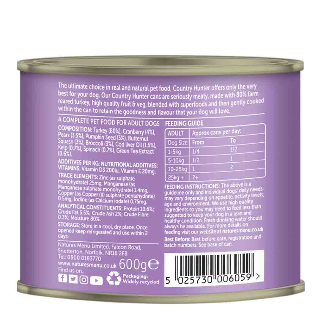 Natures Menu Country Hunter Cans Farm Reared Turkey Dog Food 6x600g