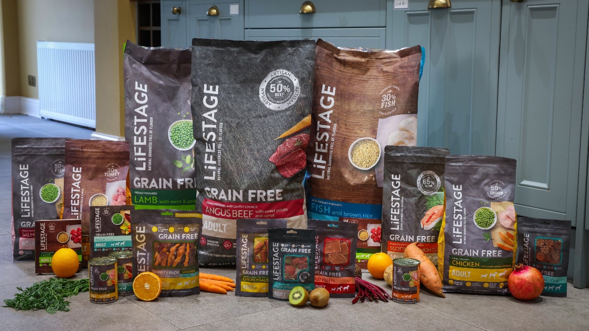 Lifestage dog food bags with the ingredients.