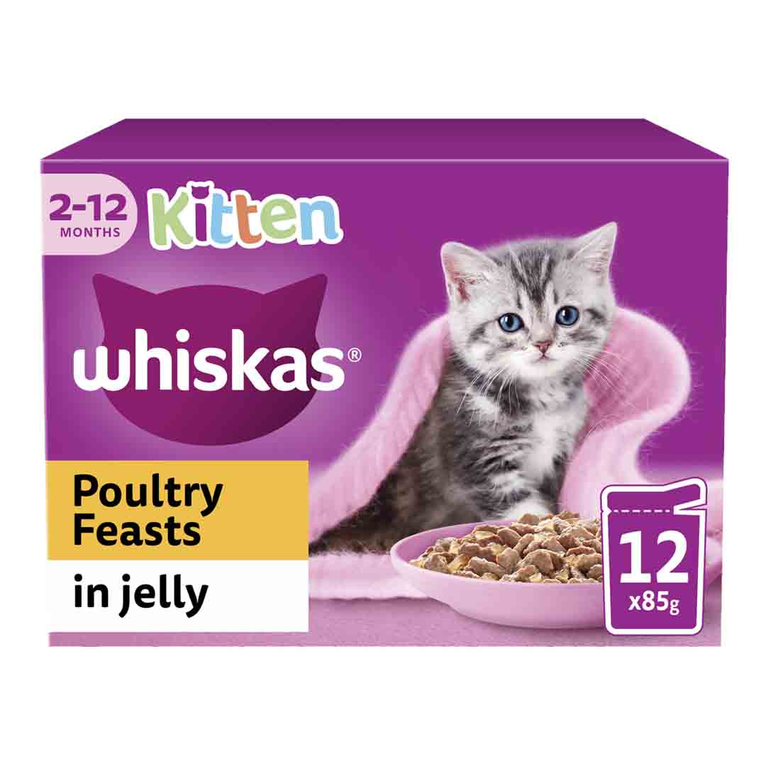 WHISKAS 2-12mths Cat Pouches Poultry Feasts in Jelly 12x85g