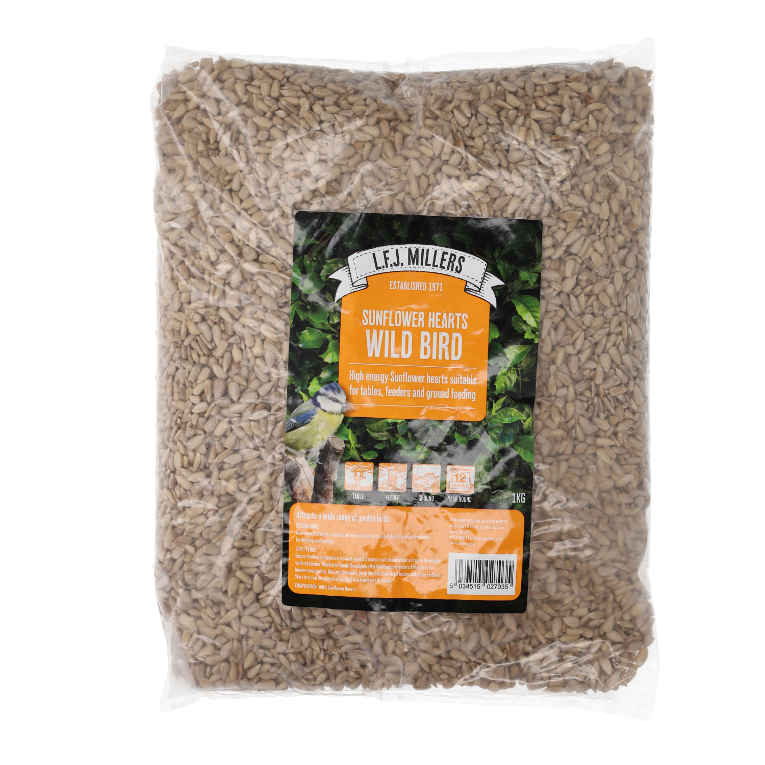 LJF Millers  Sunflower Hearts Wildbird Seed, 1kg