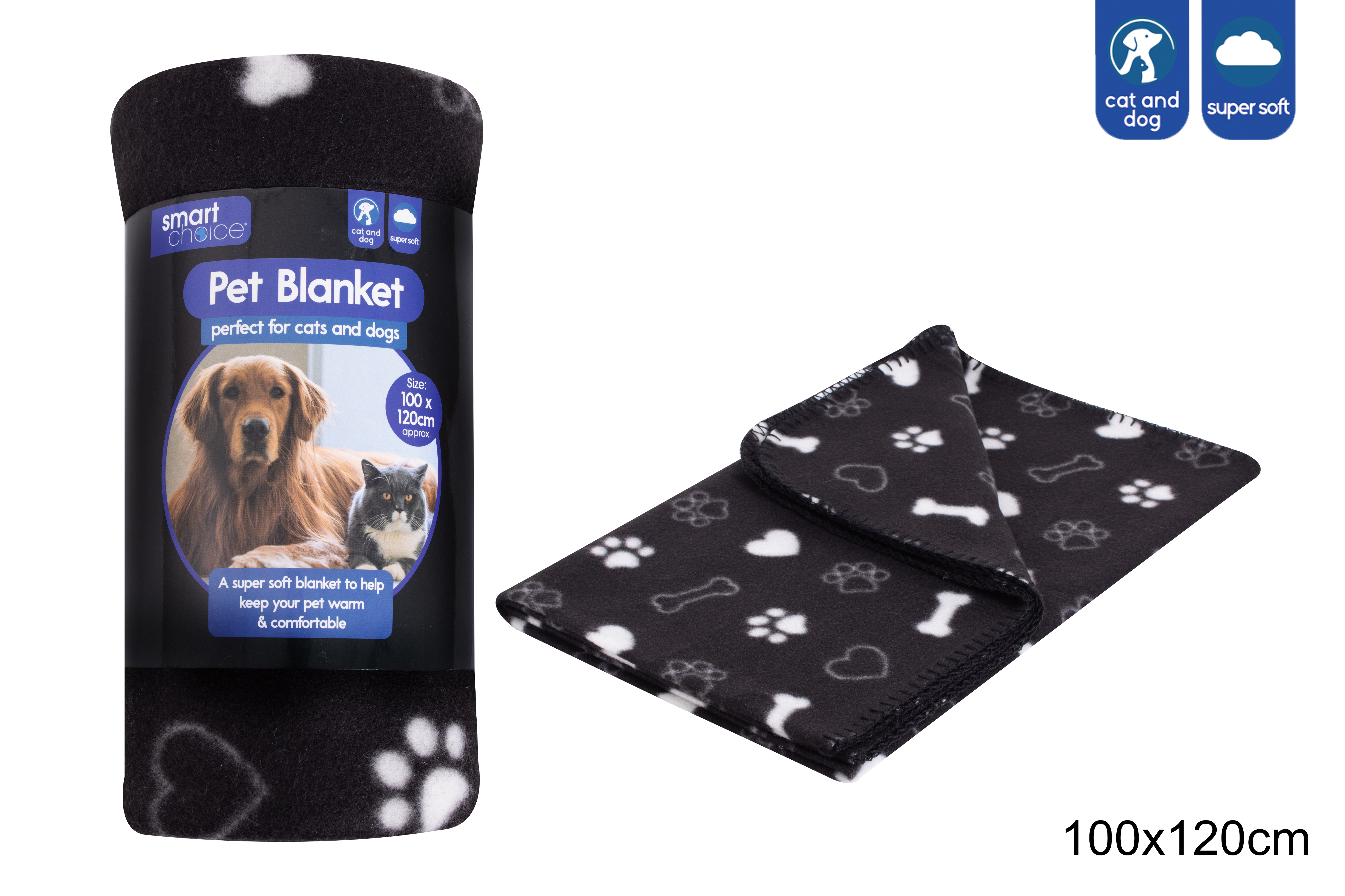 Smart Choice Paw Print Fleece Dog Blanket, 120cm x 100cm, Black