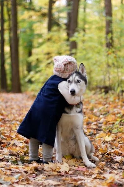 Child hugging a husky.