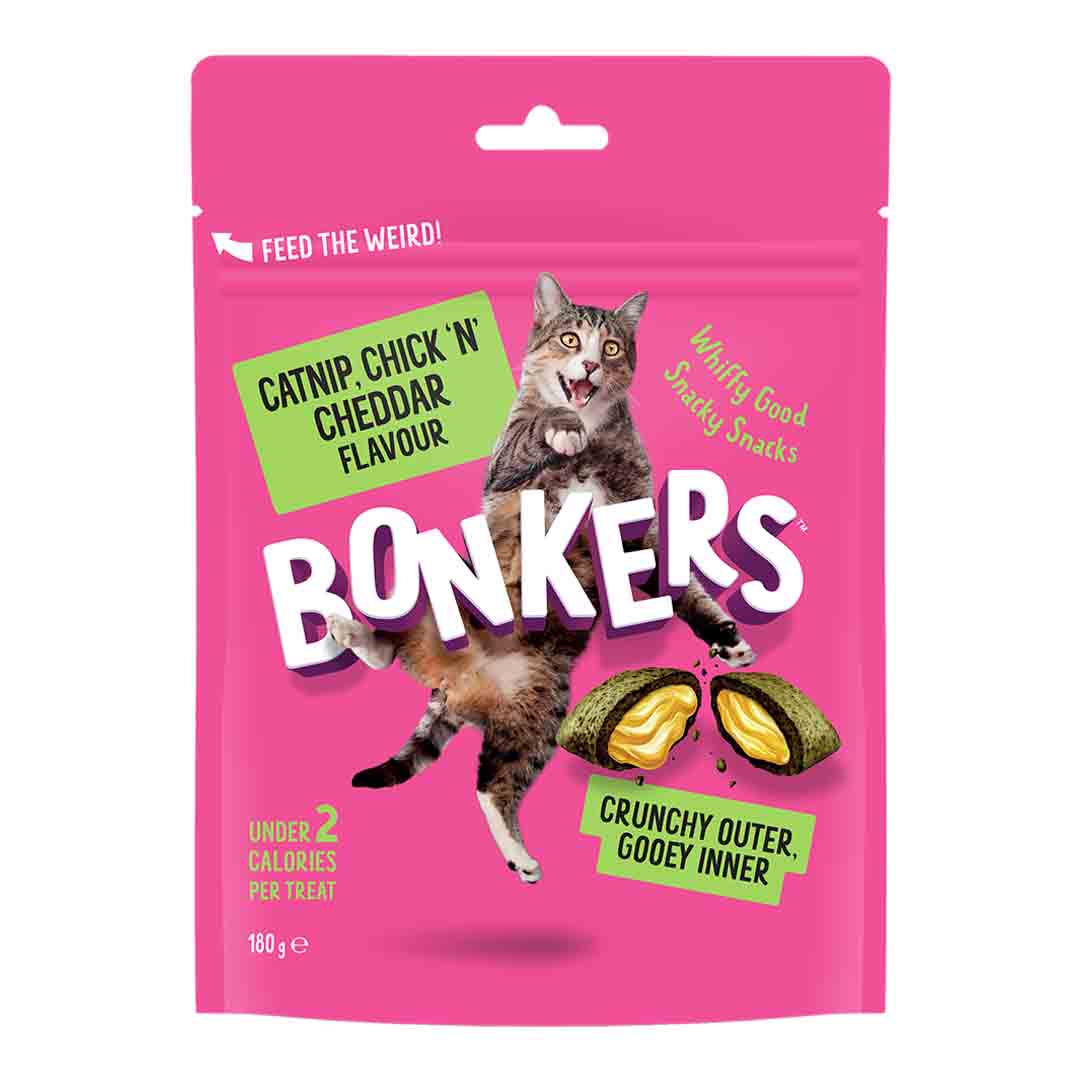 Bonkers Cat Bites, Crunchy & Soft Catnip, Chick N' Cheddar Flavoured Cat Treats 180g