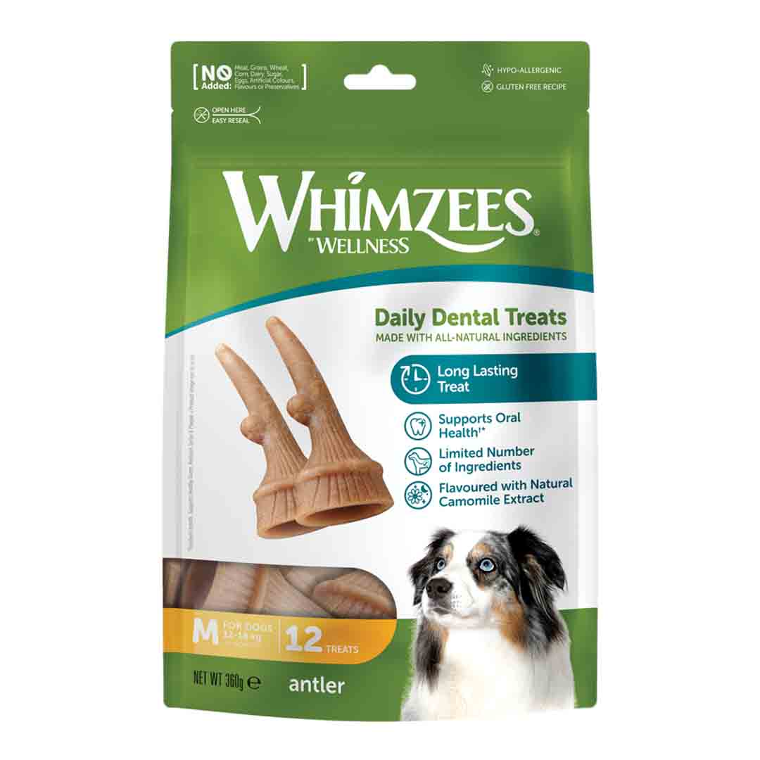 Whimzees Antler Medium Long Lasting Dog Chew 12 Pack