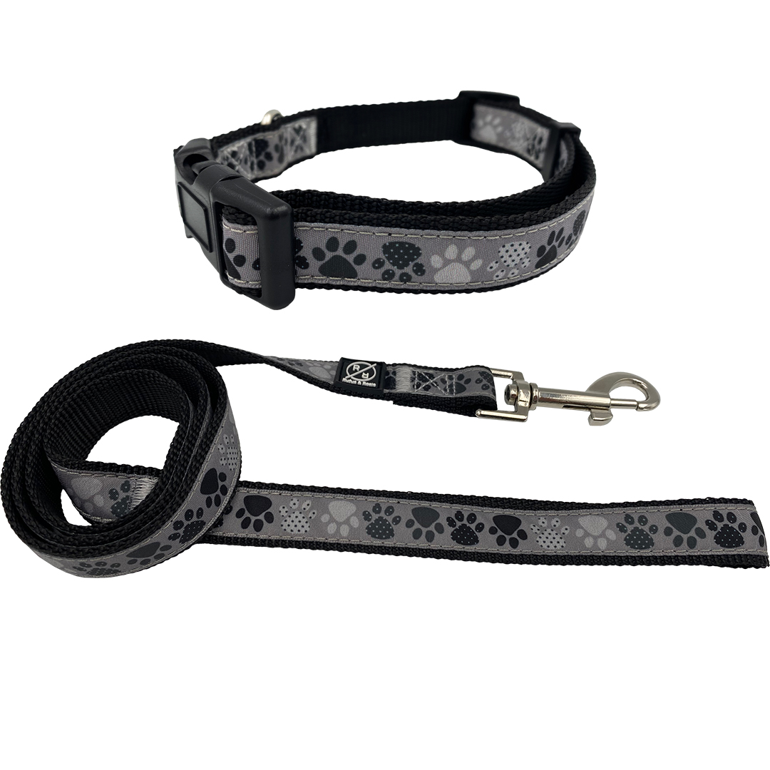 Hem & Boo Paw Print Dog Collar and Lead Set Medium