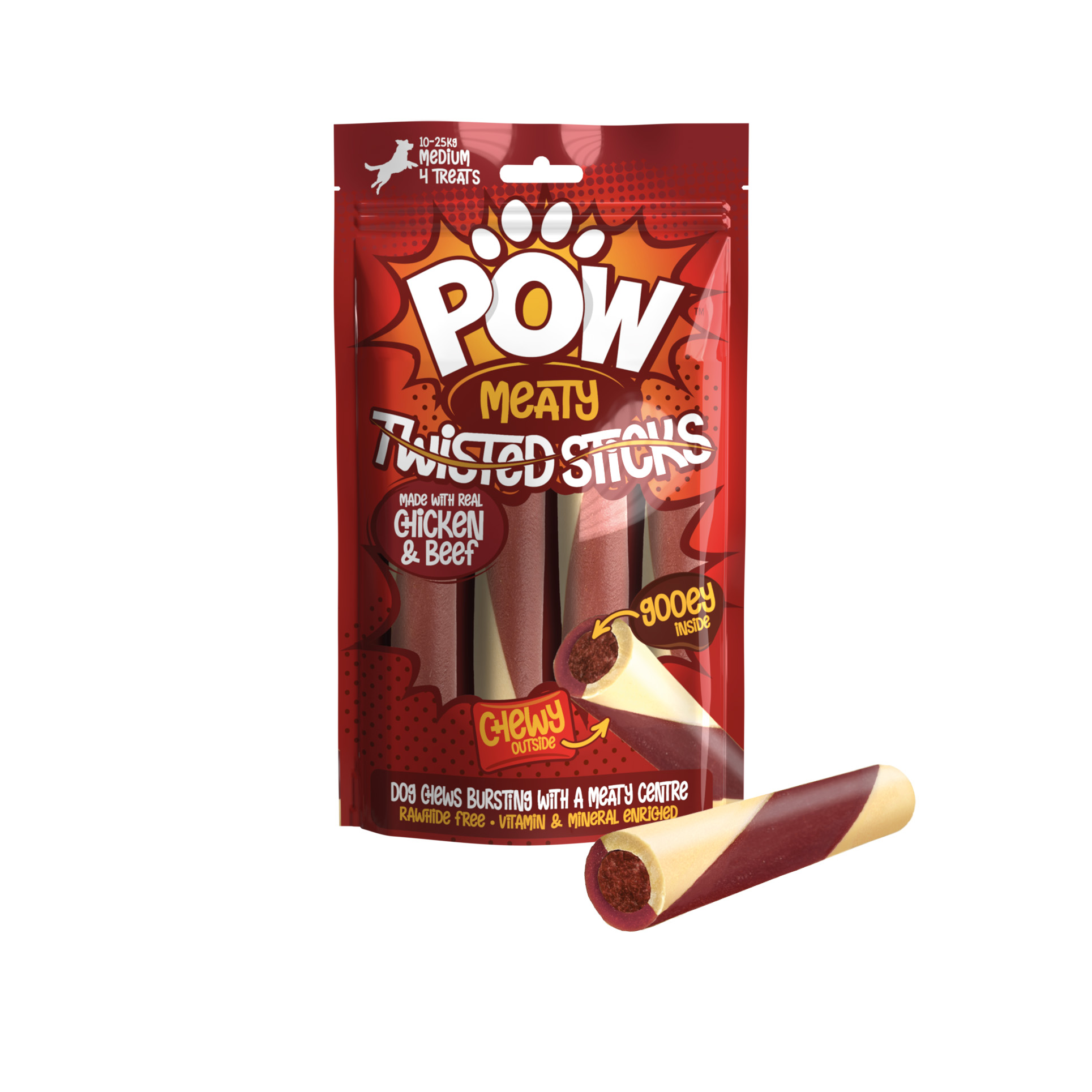 POW Twisted Sticks Chicken and Peanut Butter or Chicken and Beef Dog Treat 4 Pack 200g