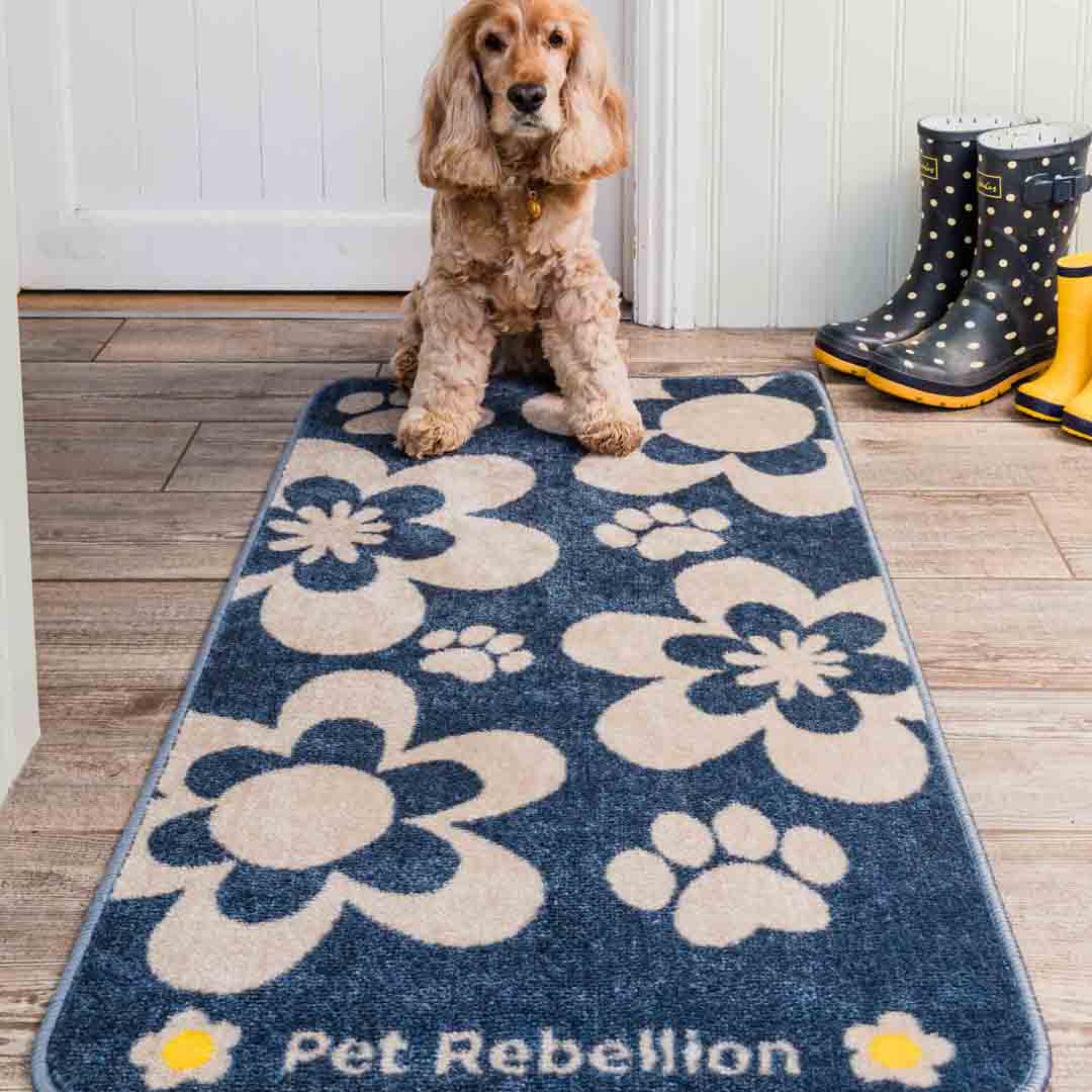 Pet Rebellion Stop Muddy Paws Flower Blue Pet-Proof Rug
