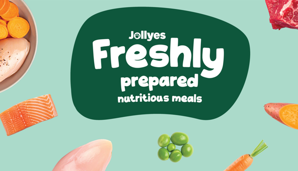 Green background with text "Jollyes Freshly prepared nutritious meals" surrounded by ingredients.
