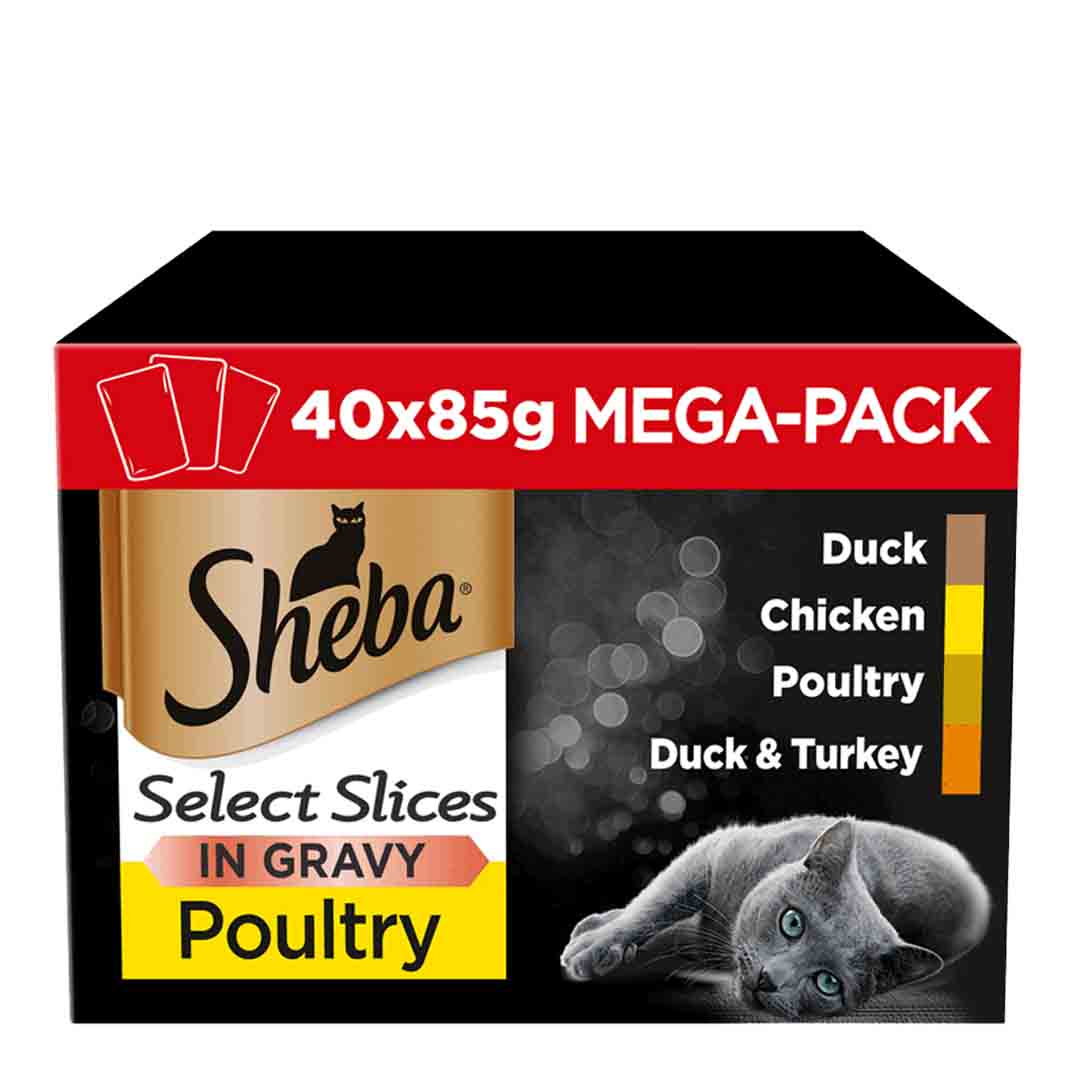 Sheba Select Slices Adult 1+ Wet Cat Food Pouches Poultry Selection in Gravy 40x85g Mega Pack