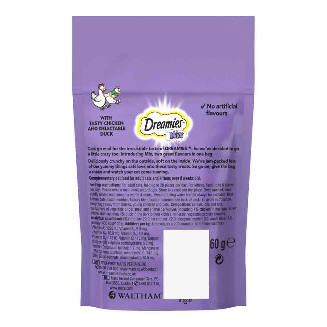 Dreamies Mix with Tasty Chicken and Delectable Duck, Cat Treats, 60g