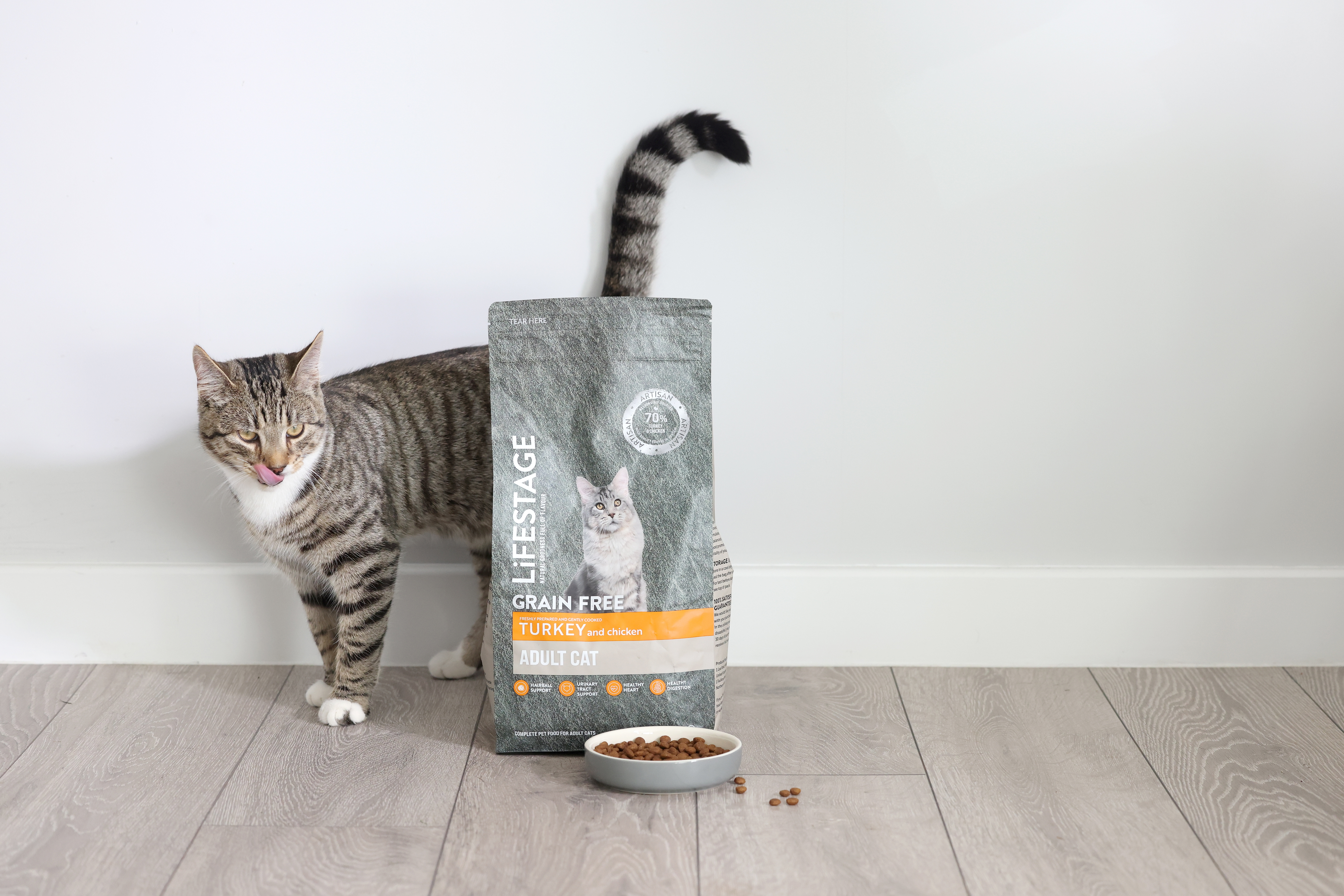 A tabby cat stands beside a large bag of grain-free turkey cat food, with a bowl of kibble in front, on a wooden floor.