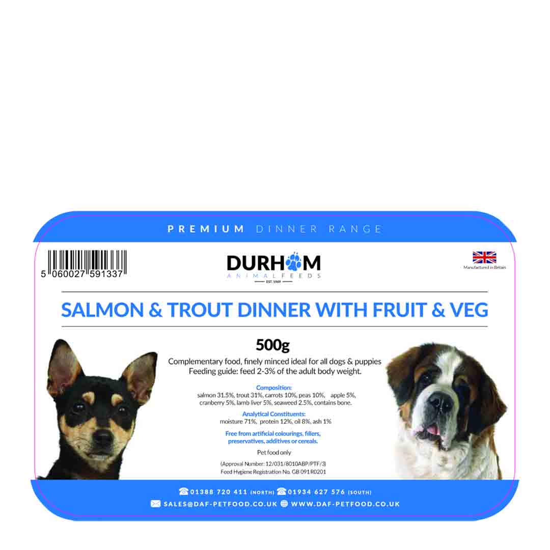 Durham Dog Food Salmon & Trout Dinner, with Fruit & Veg, 500g