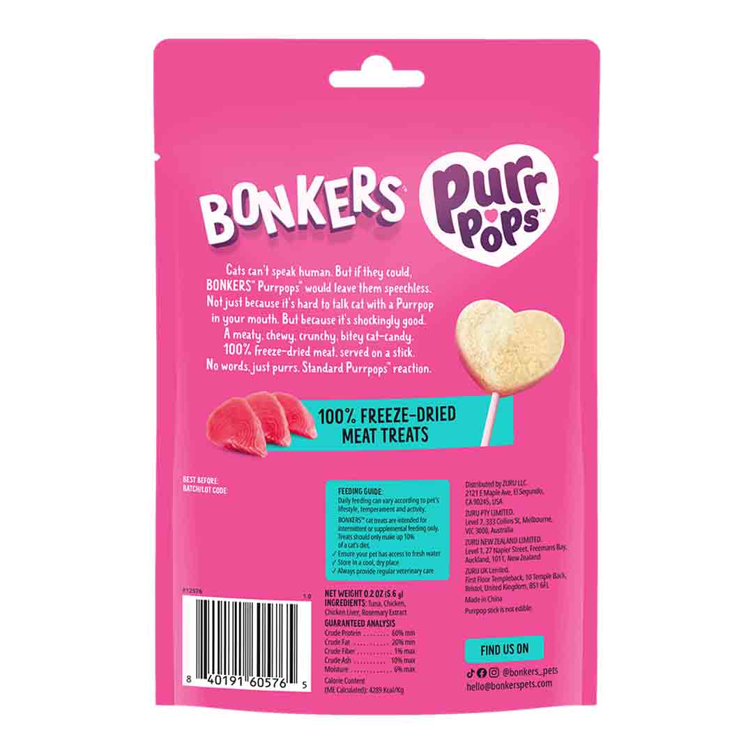 Bonkers Purrpops, Freeze Dried Tuna Flavoured Lollipop Cat Treats, 4 Pieces 