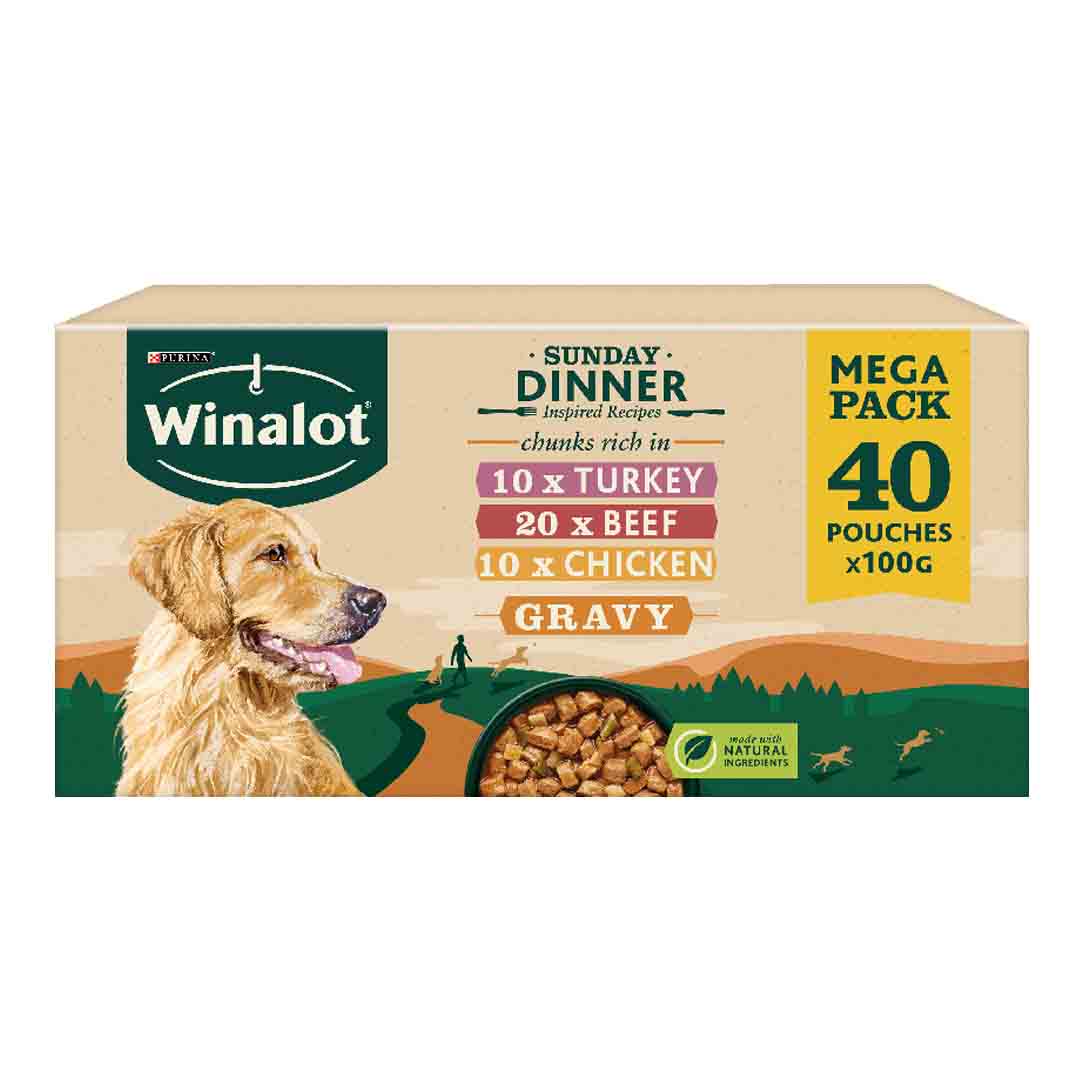 Winalot Wet Dog Food Sunday Dinner, Chicken, Turkey and Beef in Gravy Multipack, 40x100g