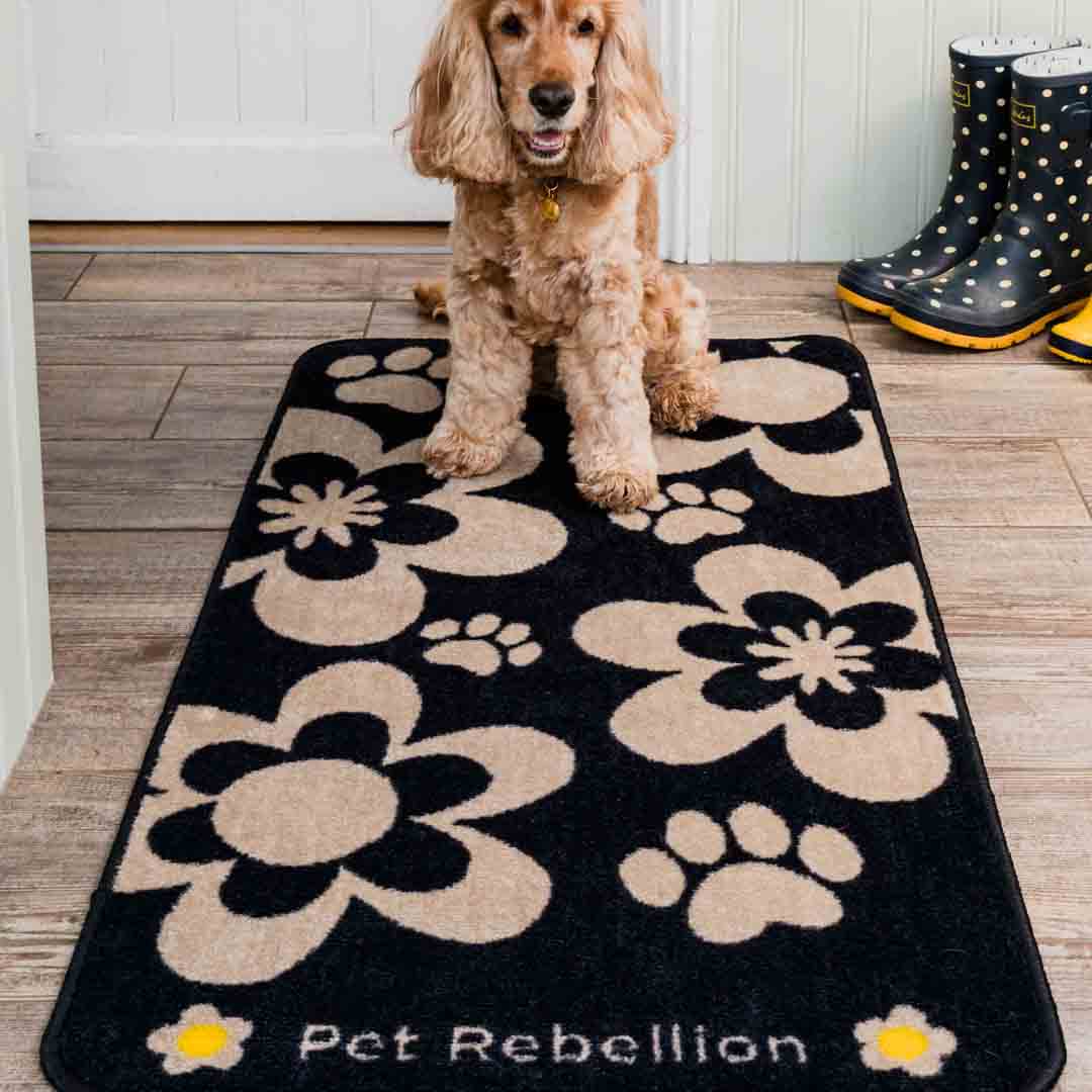 Pet Rebellion Stop Muddy Paws Flower Black Pet-Proof Rug