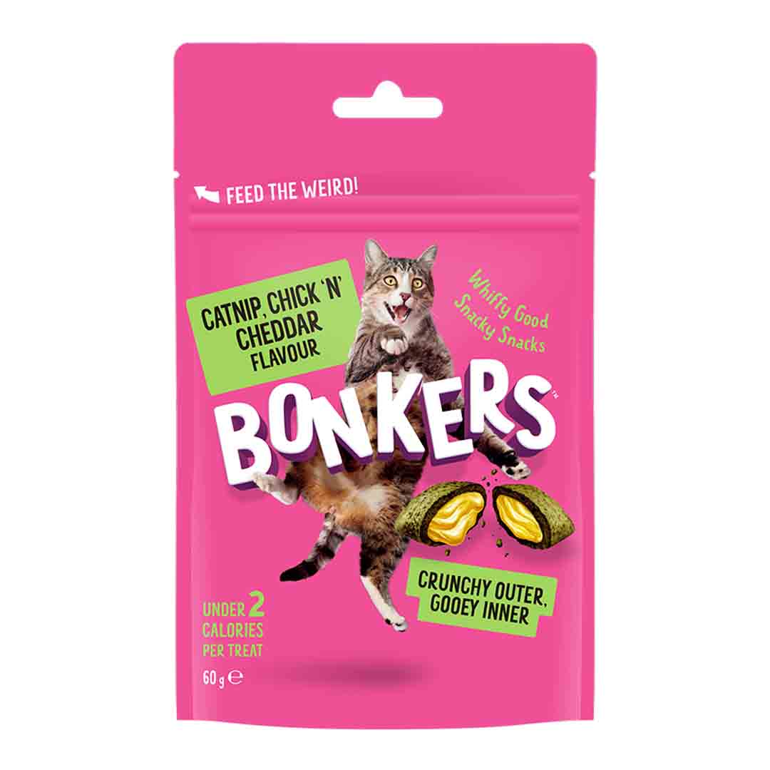 Bonkers Cat Bites, Crunchy & Soft Catnip, Chick 'N'Cheddar Flavoured Cat Treats 60g