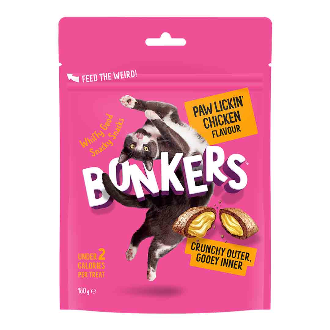 Bonkers Cat Bites, Crunchy & Soft Paw Lickin' Chicken Flavoured Cat Treats 180g