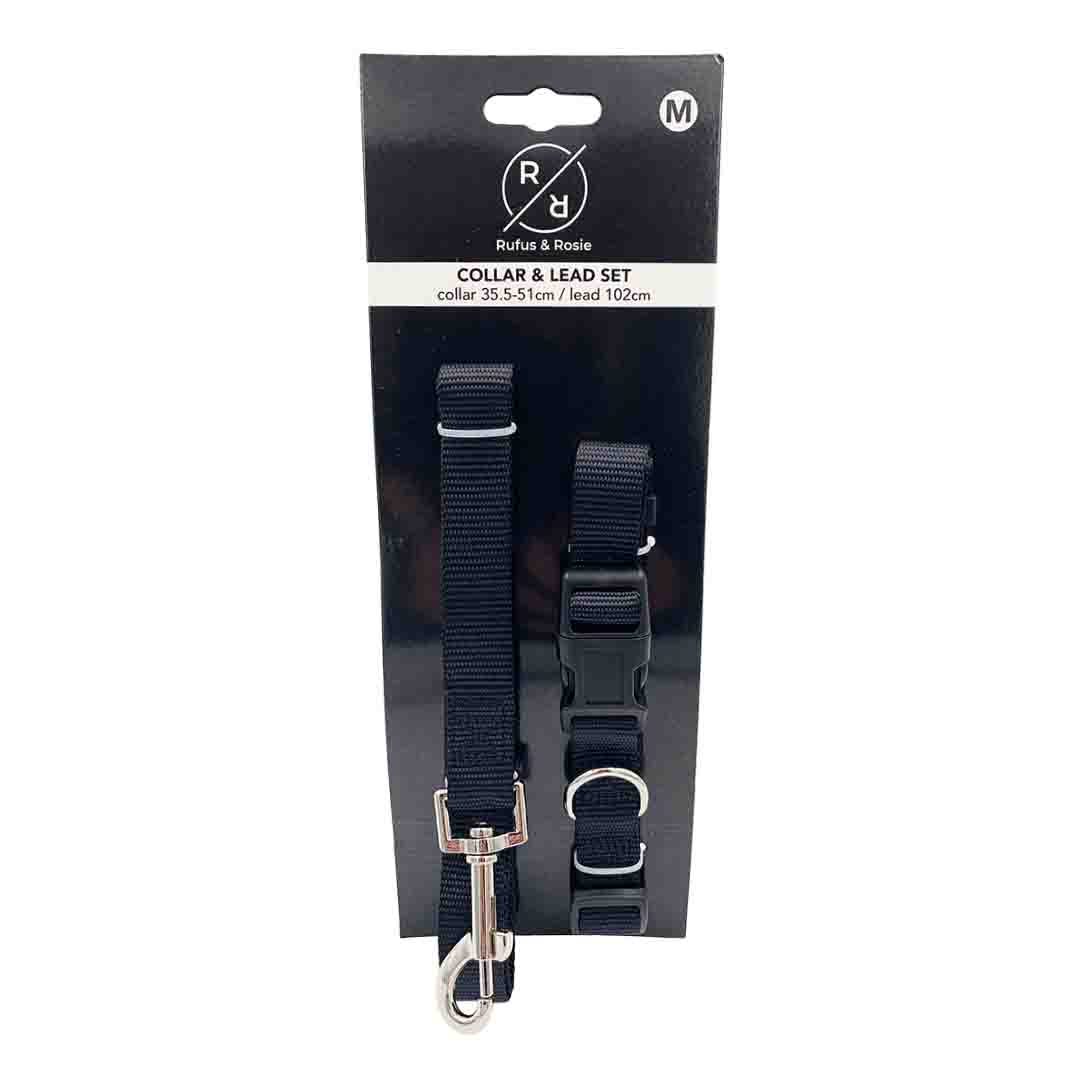 Rufus & Rosie Dog Collar & Lead Set, Medium, Black