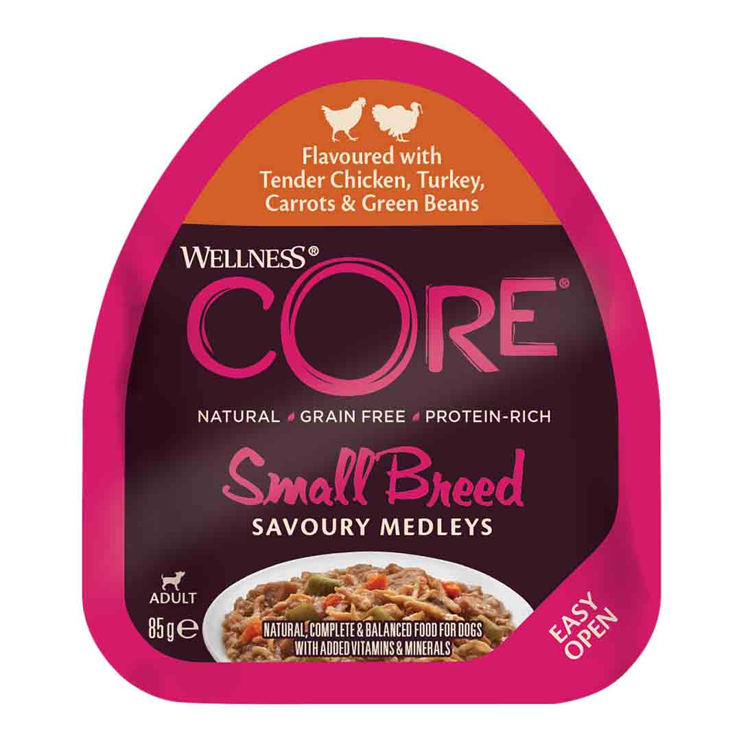 Wellness CORE Wet Small Breed Adult Dog Food Savoury Medleys Tender Chicken, Turkey, Carrots and Green Beans Recipe 85g