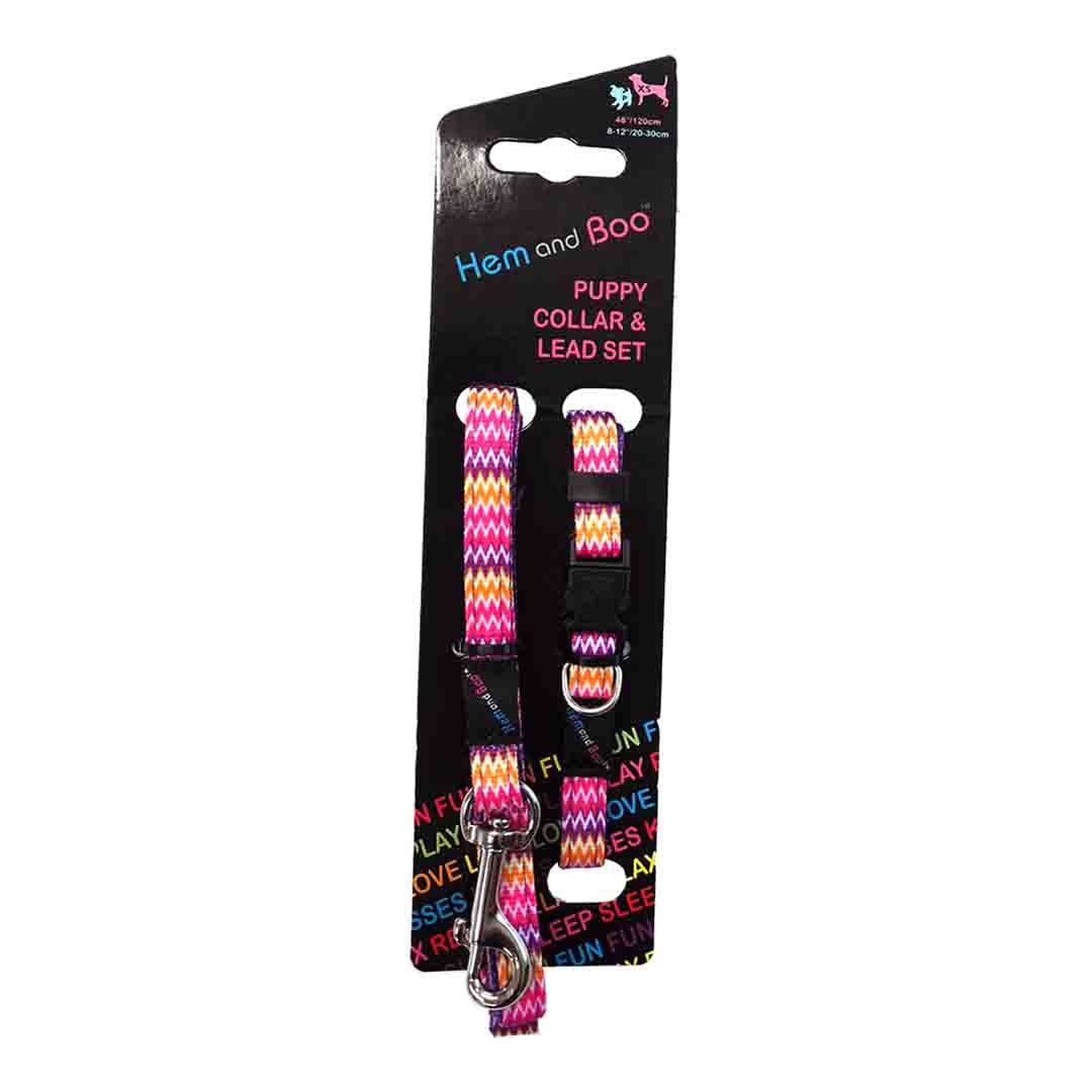 Hem & Boo Zig Zag Dog Collar & Leash Set, Pink, Puppies