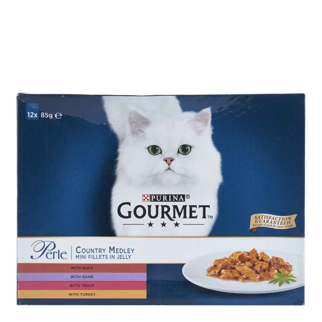 Gourmet Perle Pouch Country Medley in Jelly (Turkey, Trout, Duck & Game) Wet Cat Food Multipack 12x85g