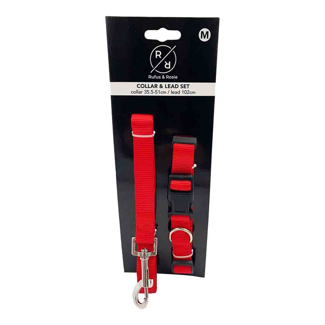 Rufus & Rosie Dog Collar & Lead Set, Medium, Red