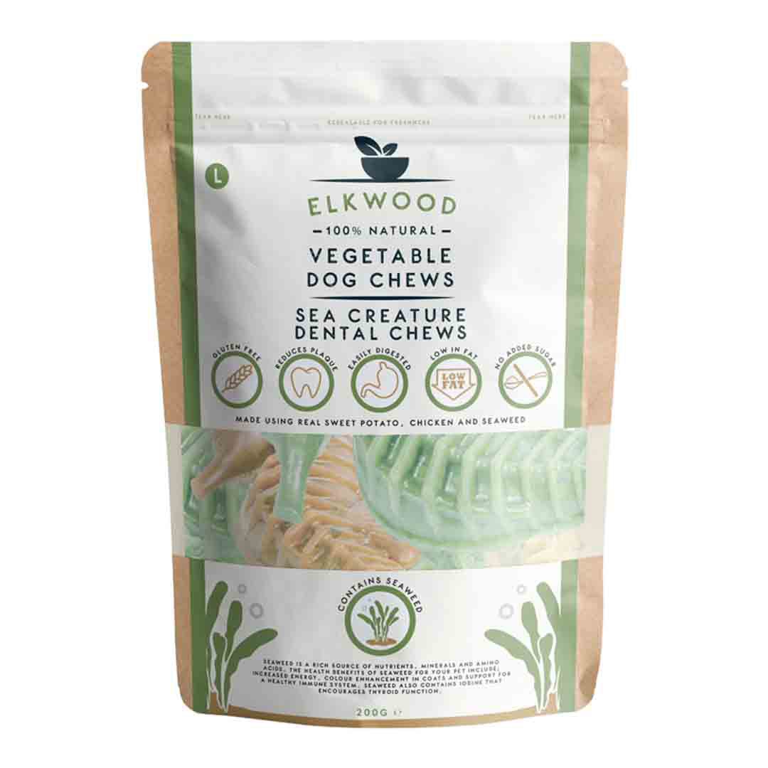 Elkwood Natural Sea Creature Dental Chews, Dog Treats, 4 Pack, Large