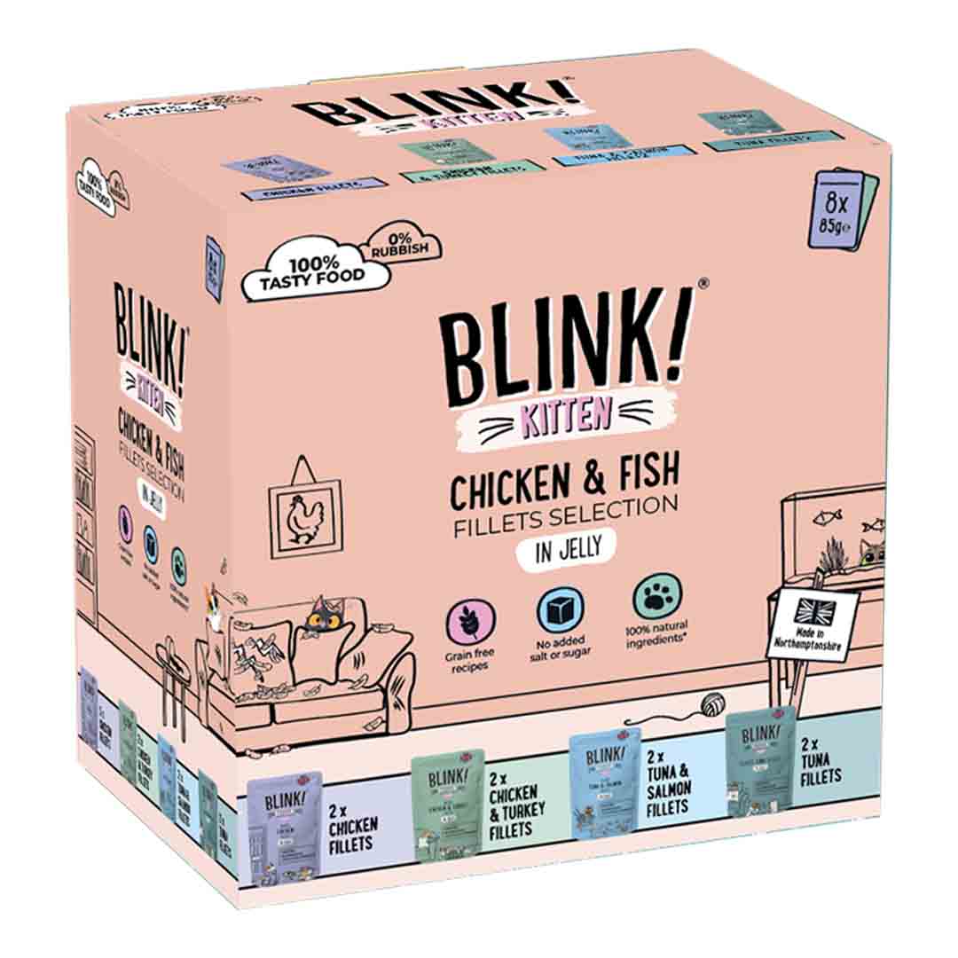 Blink Wet Kitten Food Chicken and Fish Premium Fillets in Jelly Pouches 8x85g