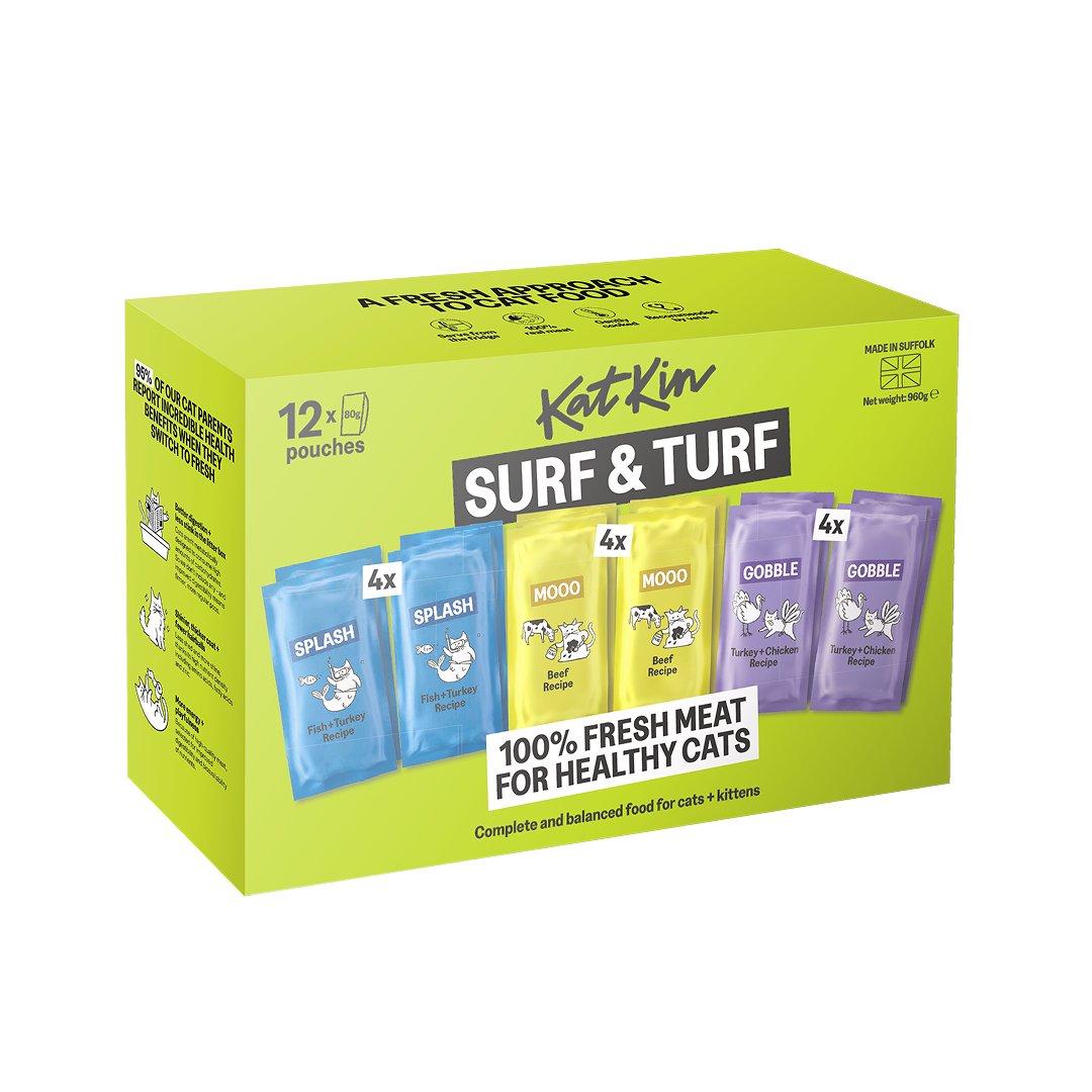 KatKin SURF & TURF Fresh Cat and Kitten Food, Variety Pack (Fish, Beef & Turkey) 12x80g