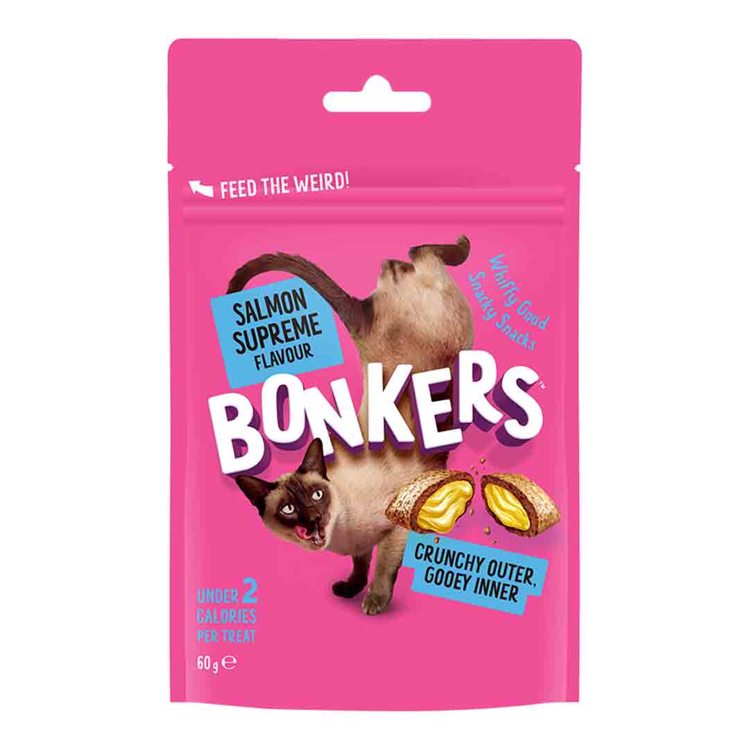 Bonkers Cat Bites, Crunchy & Soft Salmon Supreme Flavoured Cat Treats 60g