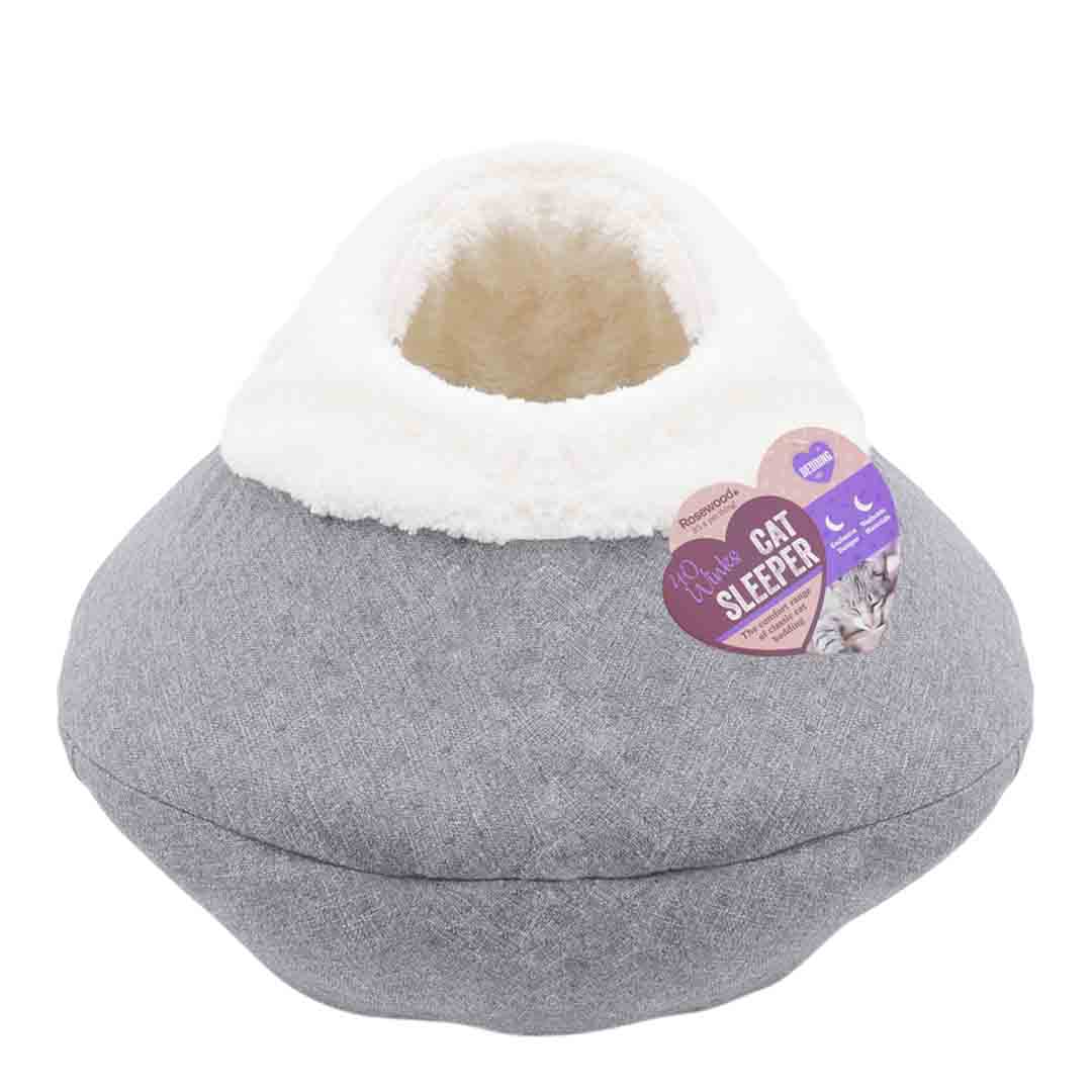 Round Cosy Plush Grey Cat Cave Bed