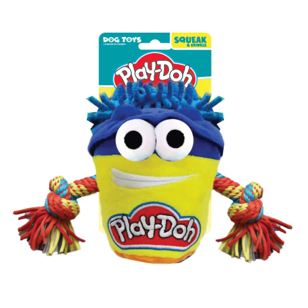 Hasbro Play-Doh T-Shirt Rope and Squeak Tug Dog Toy 7 Inch Yellow & Blue