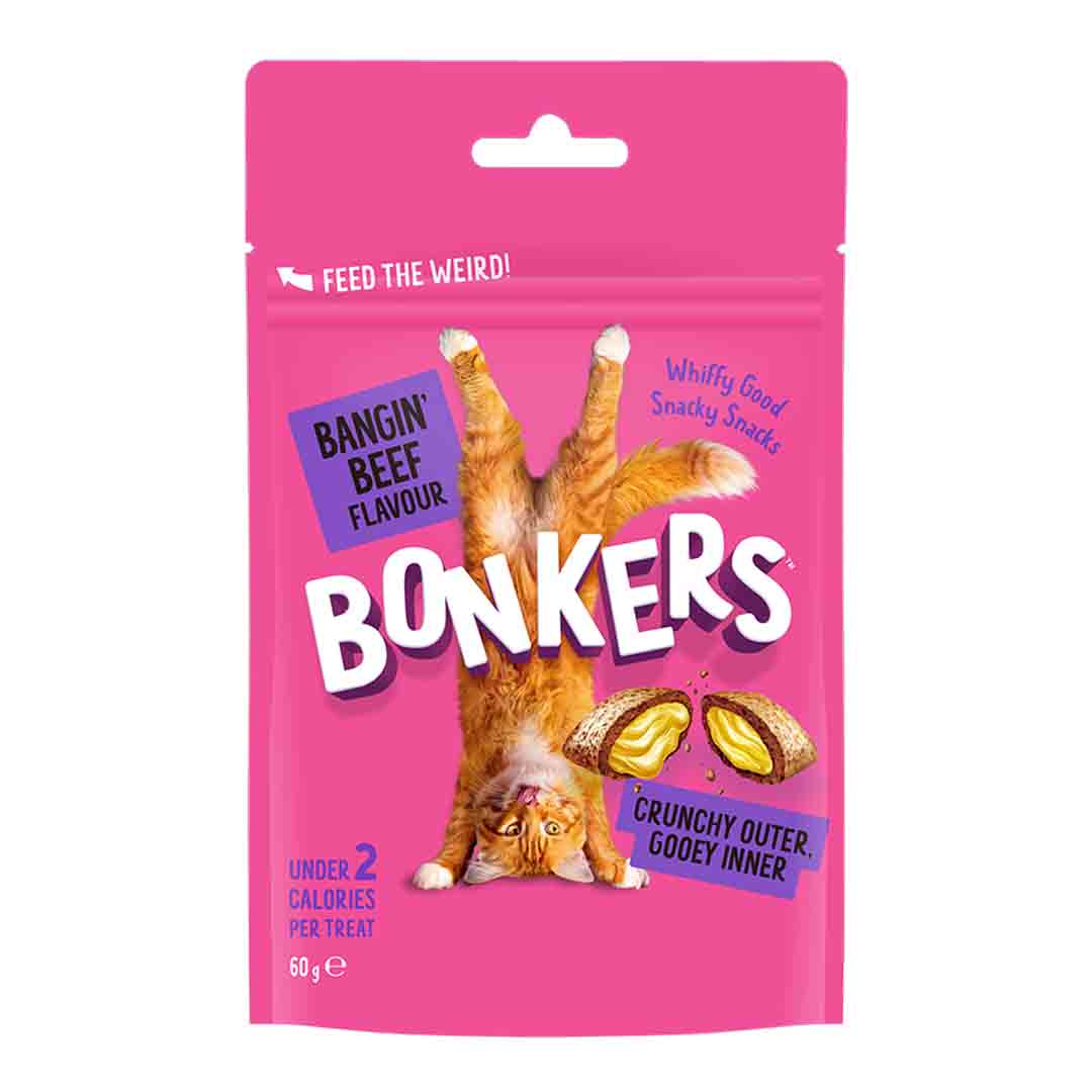 Bonkers Cat Bites, Crunchy & Soft Bangin' Beef Flavoured Cat Treats 60g