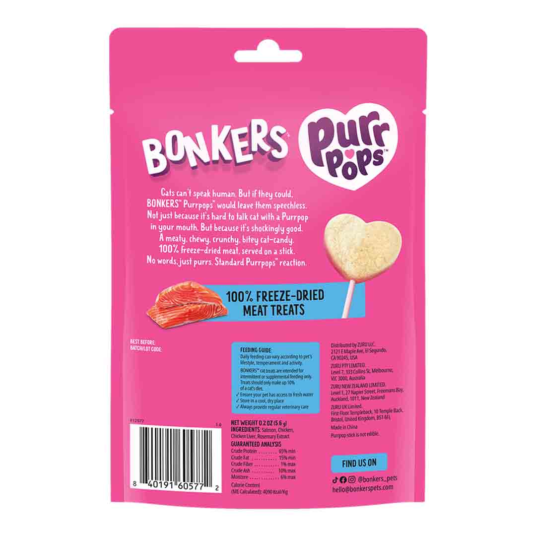 Bonkers Purrpops, Freeze Dried Salmon Flavoured Lollipop Cat Treats, 4 Pieces 