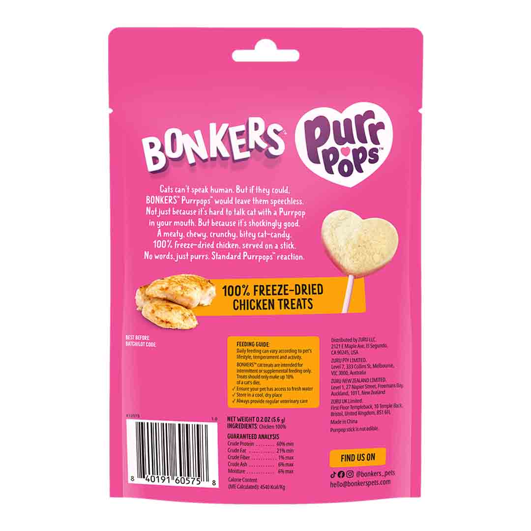 Bonkers Purrpops, Freeze Dried Chicken Flavoured Lollipop Cat Treats, 4 Pieces 