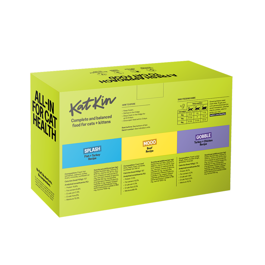 KatKin SURF & TURF Fresh Cat and Kitten Food, Variety Pack (Fish, Beef & Turkey) 12x80g