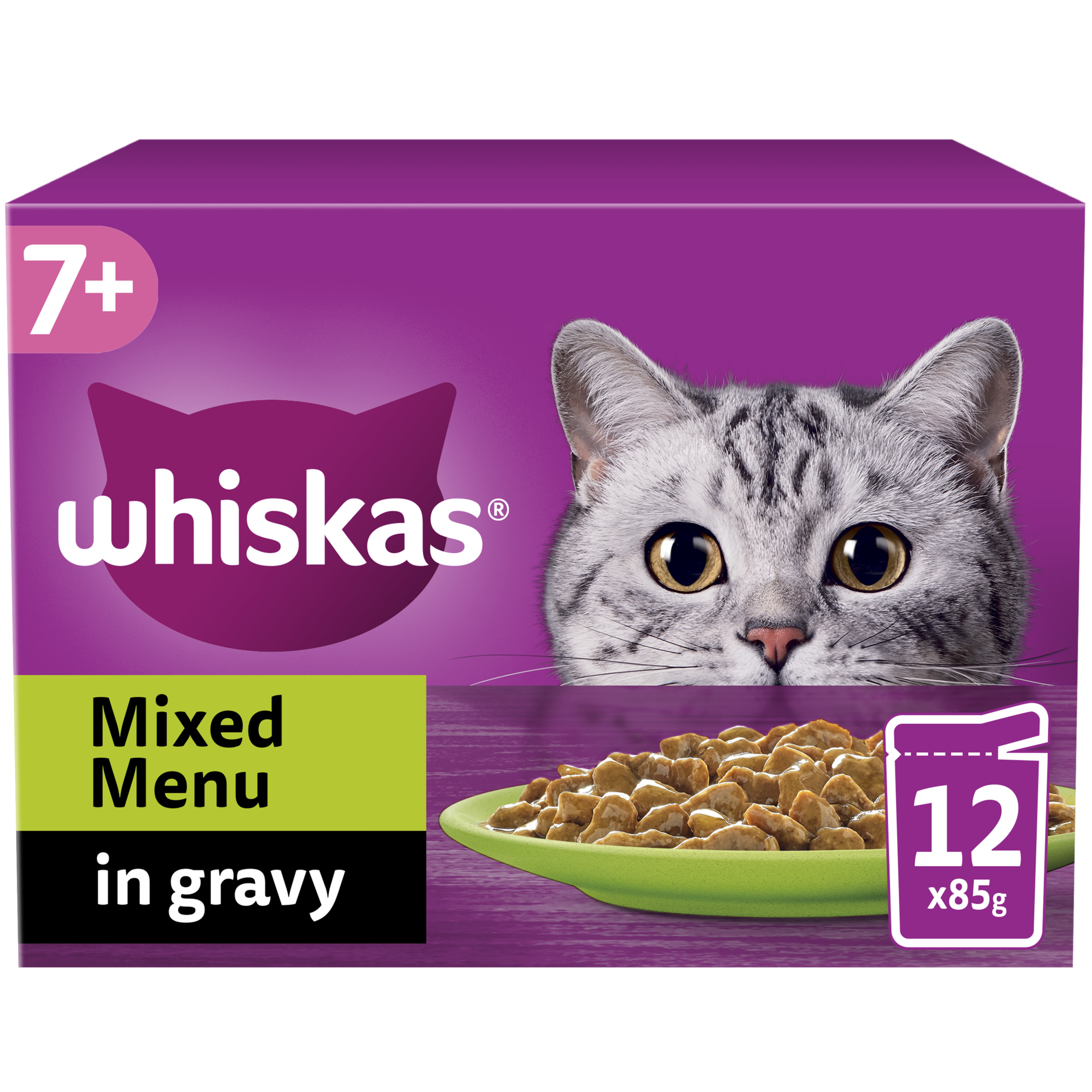 Whiskas 7+ Mixed Menu Senior Wet Cat food Pouches in Gravy 12x85g 