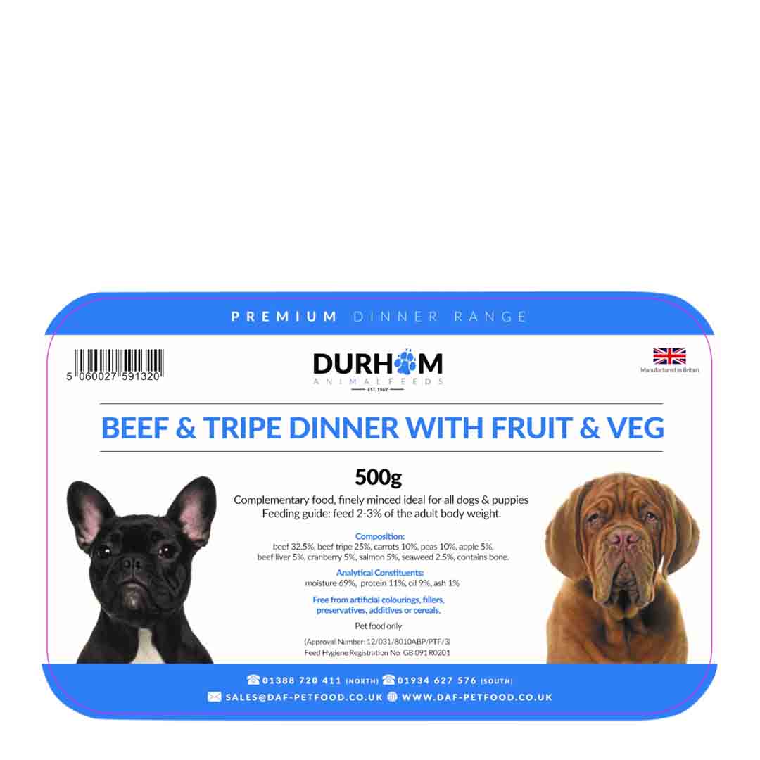 Durham Beef & Tripe Dinner, with Fruit & Veg, 500g
