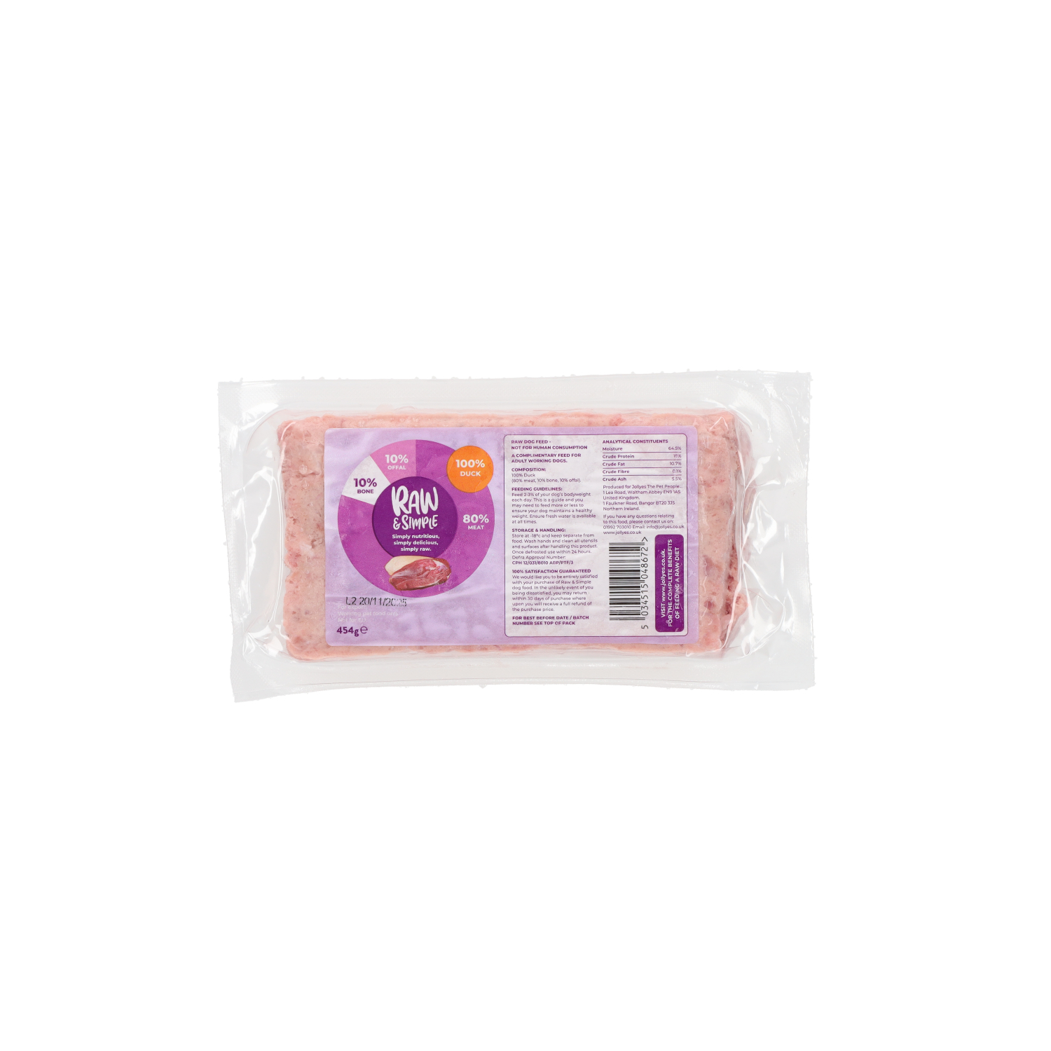 Raw and Simple Duck Mince Raw Dog Food, 454g