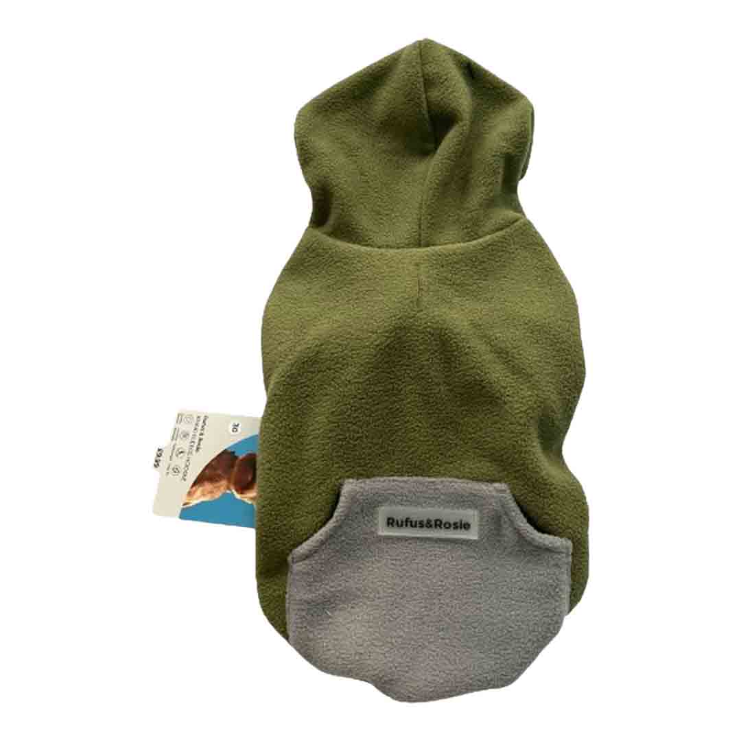 Rufus & Rosie Khaki Fleece Dog Hoodie, S+
