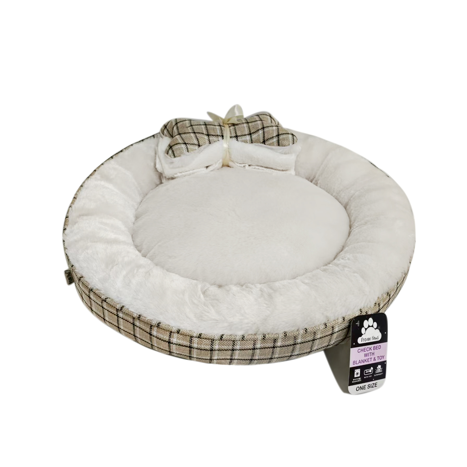 Dream Paws Neutral Check Dog Bed with Blanket & Toy