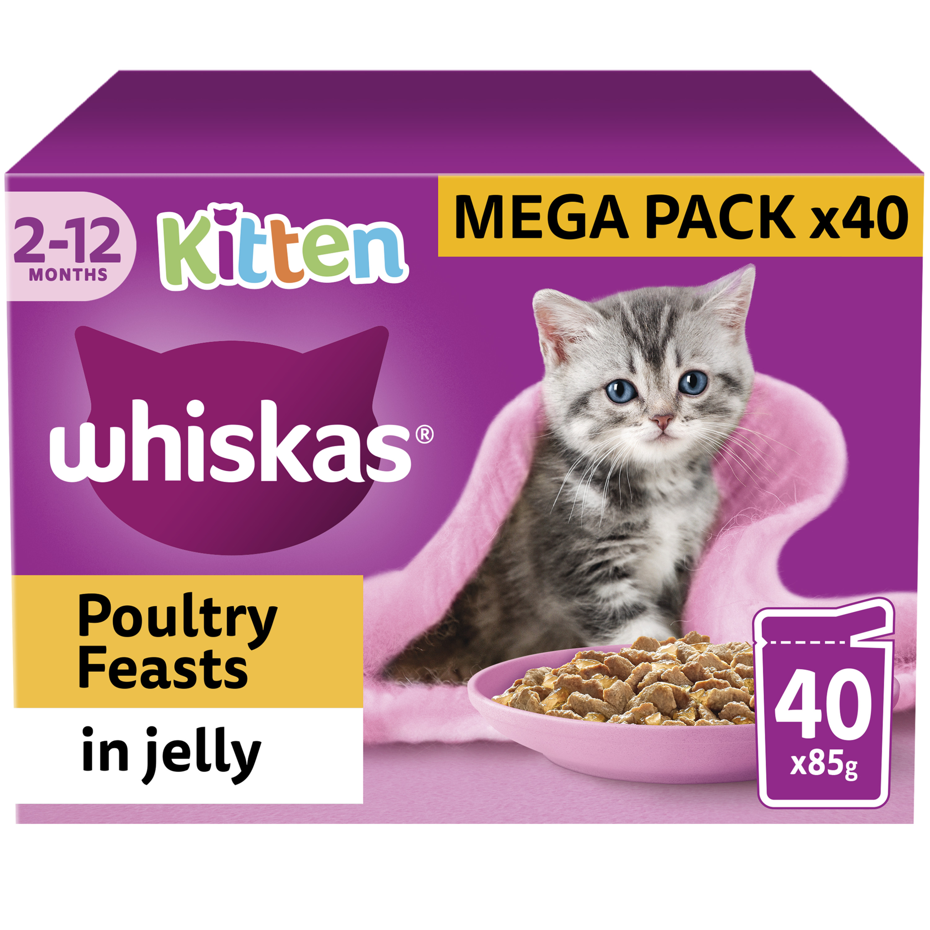 WHISKAS 2-12mths Cat Pouches Poultry Feasts in Jelly 40x85g